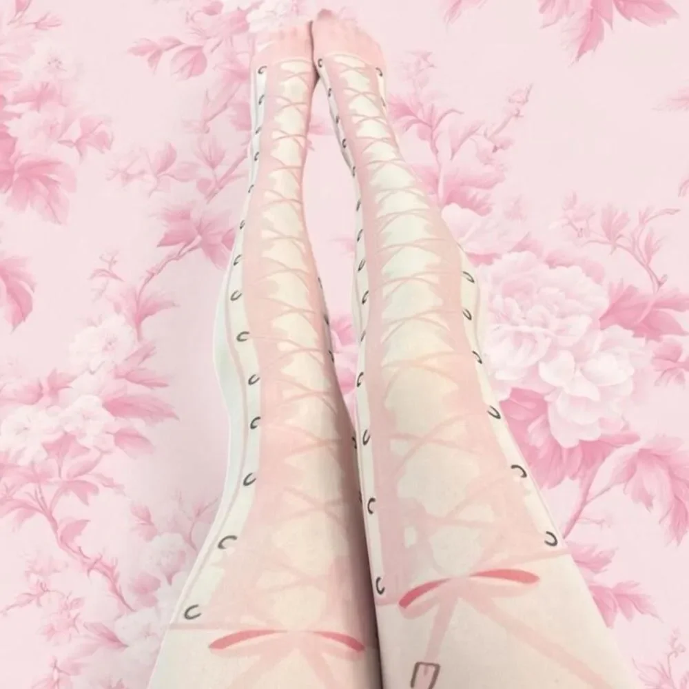 Pink Bow lace full legging stockings corset accent lace hosiery tights